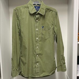 American Eagle Outfitters Men’s Olive Green & White Striped Button-Up Shirt